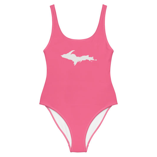 Michigan Upper Peninsula One-Piece Swimsuit (w/ UP Outline) | Rhodochrosite Pink