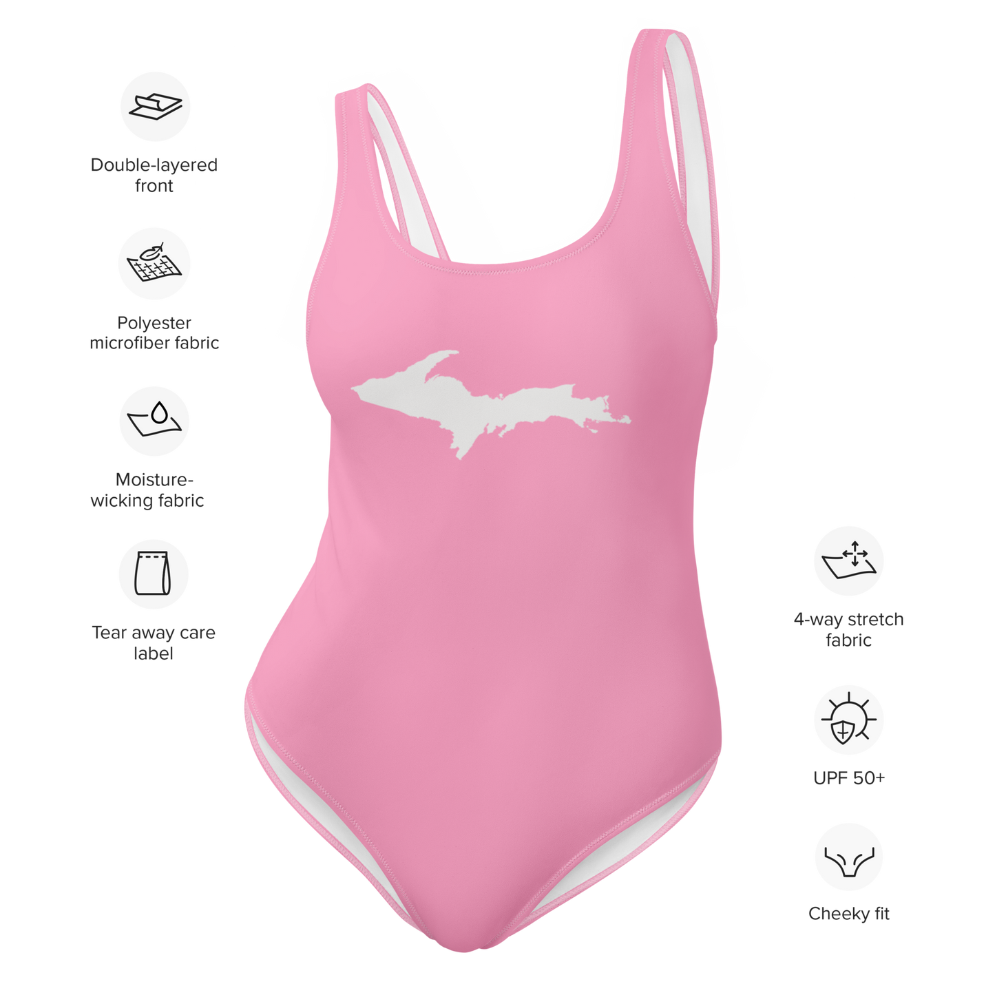 Michigan Upper Peninsula One-Piece Swimsuit (w/ UP Outline) | '67 Caddie Pink