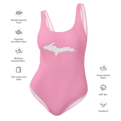 Michigan Upper Peninsula One-Piece Swimsuit (w/ UP Outline) | '67 Caddie Pink