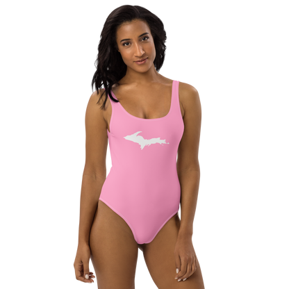 Michigan Upper Peninsula One-Piece Swimsuit (w/ UP Outline) | '67 Caddie Pink