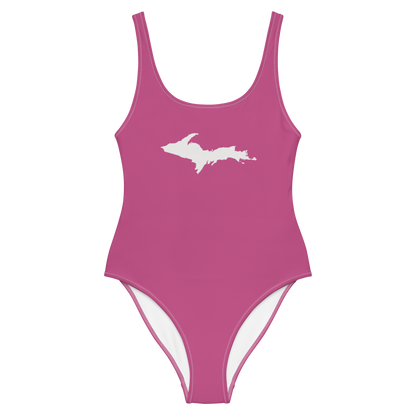 Michigan Upper Peninsula One-Piece Swimsuit (w/ UP Outline) | Apple Blossom Pink