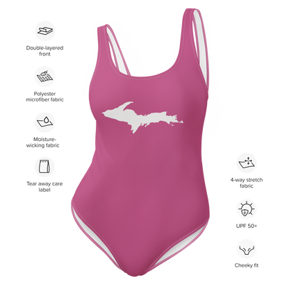 Michigan Upper Peninsula One-Piece Swimsuit (w/ UP Outline) | Apple Blossom Pink