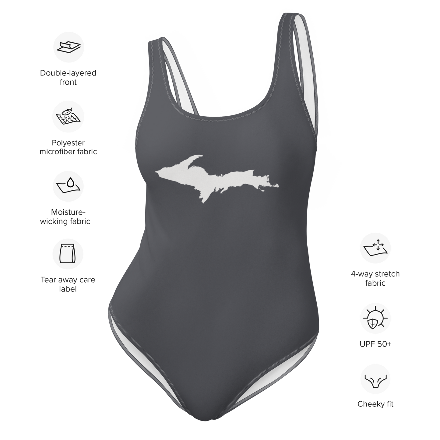 Michigan Upper Peninsula One-Piece Swimsuit (w/ UP Outline) | Iron Ore Grey