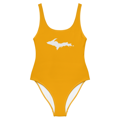 Michigan Upper Peninsula One-Piece Swimsuit (w/ UP Outline) | Birch Leaf Orange