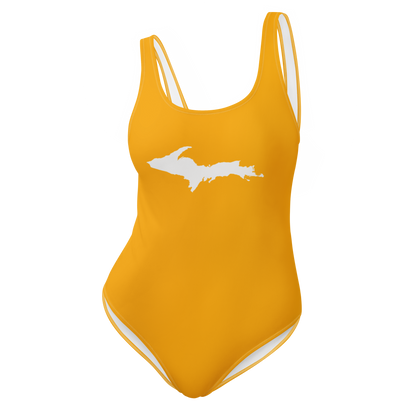 Michigan Upper Peninsula One-Piece Swimsuit (w/ UP Outline) | Birch Leaf Orange