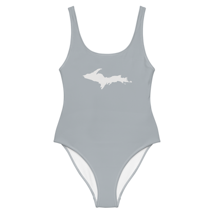 Michigan Upper Peninsula One-Piece Swimsuit (w/ UP Outline) | Silver