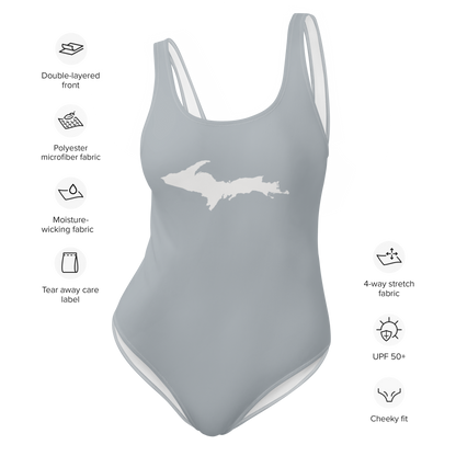 Michigan Upper Peninsula One-Piece Swimsuit (w/ UP Outline) | Silver