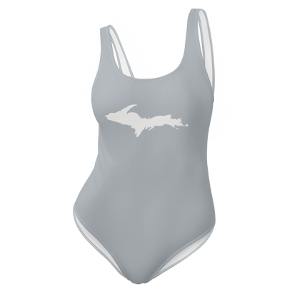 Michigan Upper Peninsula One-Piece Swimsuit (w/ UP Outline) | Silver