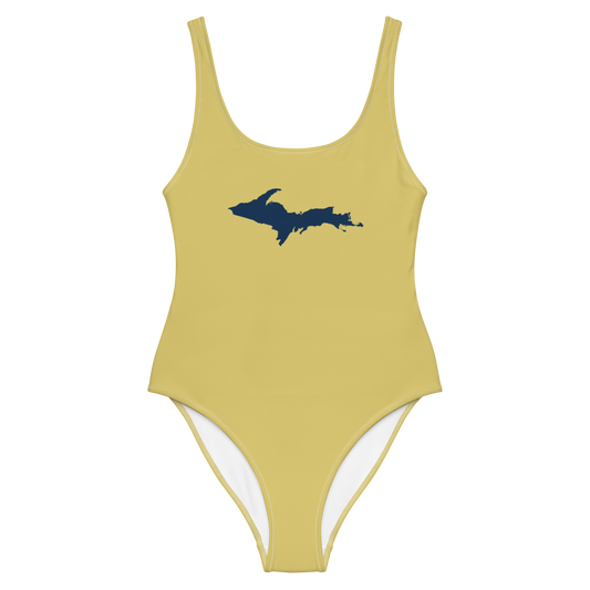 Michigan Upper Peninsula One-Piece Swimsuit (w/ UP Outline) | Plum Yellow