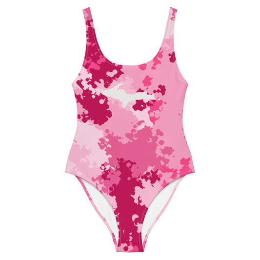 Michigan Upper Peninsula One-Piece Swimsuit (w/ UP Outline) | Pink Camo