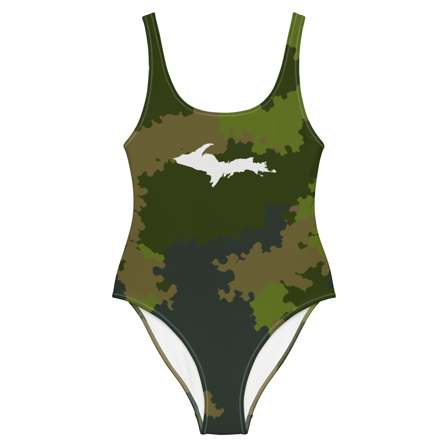 Michigan Upper Peninsula One-Piece Swimsuit (w/ UP Outline) | Woodland Camo