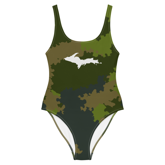 Michigan Upper Peninsula One-Piece Swimsuit (w/ UP Outline) | Woodland Camo