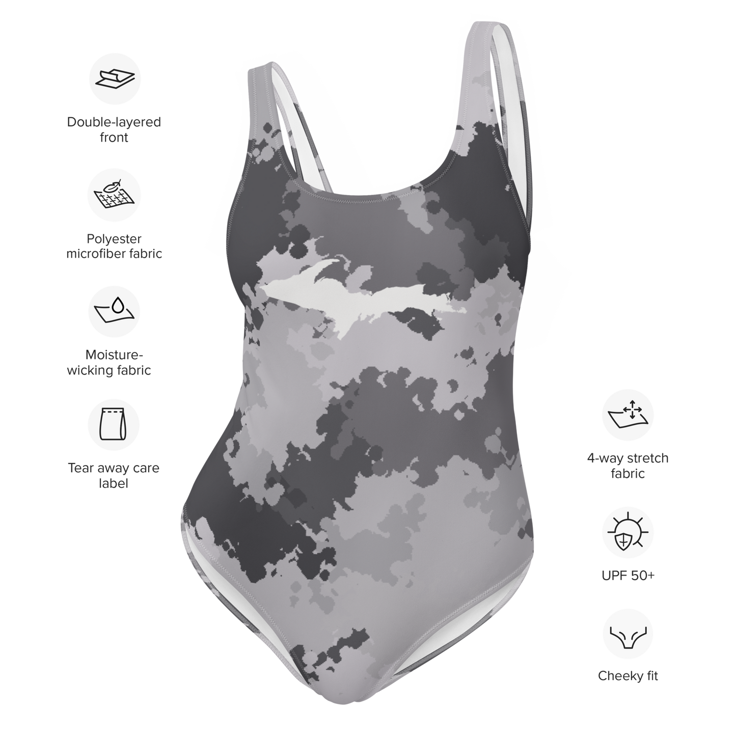 Michigan Upper Peninsula One-Piece Swimsuit (w/ UP Outline) | Iron Ore Camo