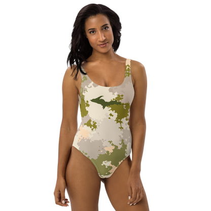 Michigan Upper Peninsula One-Piece Swimsuit (w/ UP Outline) | Army Green