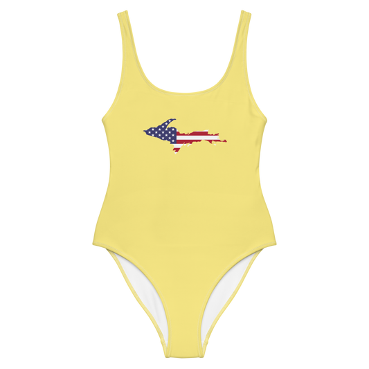 Michigan Upper Peninsula One-Piece Swimsuit (w/ UP USA Flag) | Cherry Yellow