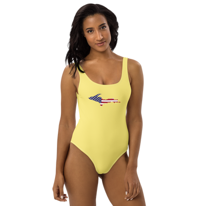 Michigan Upper Peninsula One-Piece Swimsuit (w/ UP USA Flag) | Cherry Yellow