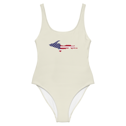 Michigan Upper Peninsula One-Piece Swimsuit (w/ UP USA Flag) | Ivory White