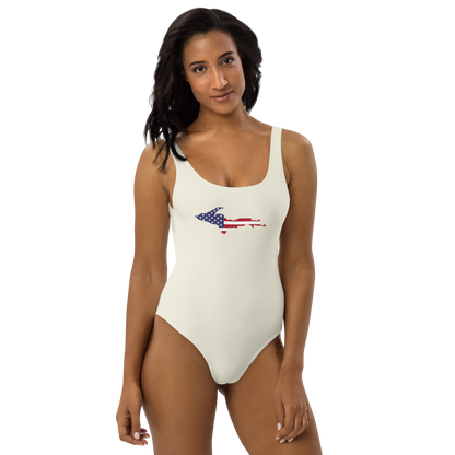 Michigan Upper Peninsula One-Piece Swimsuit (w/ UP USA Flag) | Ivory White