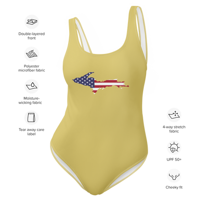 Michigan Upper Peninsula One-Piece Swimsuit (w/ UP USA Flag) | Plum Yellow