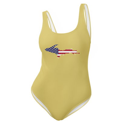 Michigan Upper Peninsula One-Piece Swimsuit (w/ UP USA Flag) | Plum Yellow