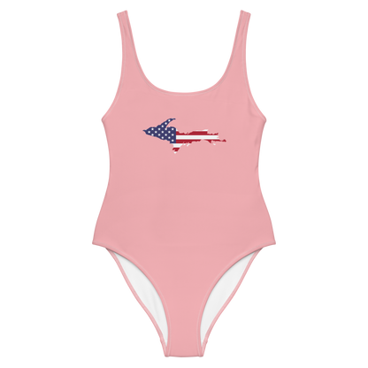 Michigan Upper Peninsula One-Piece Swimsuit (w/ UP USA Flag) | Strawberry Pink