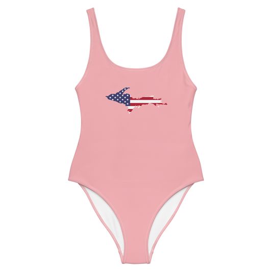 Michigan Upper Peninsula One-Piece Swimsuit (w/ UP USA Flag) | Strawberry Pink