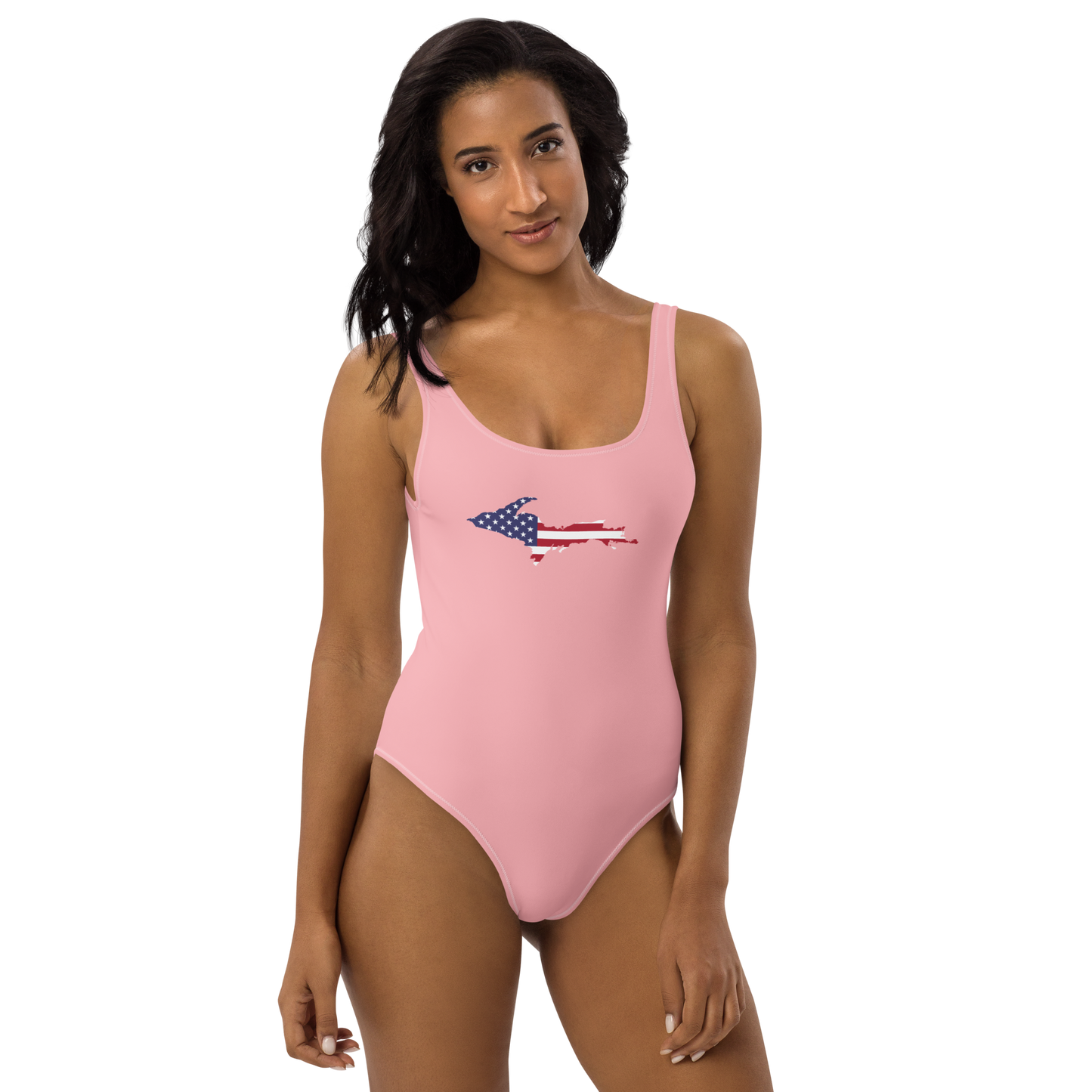 Michigan Upper Peninsula One-Piece Swimsuit (w/ UP USA Flag) | Strawberry Pink