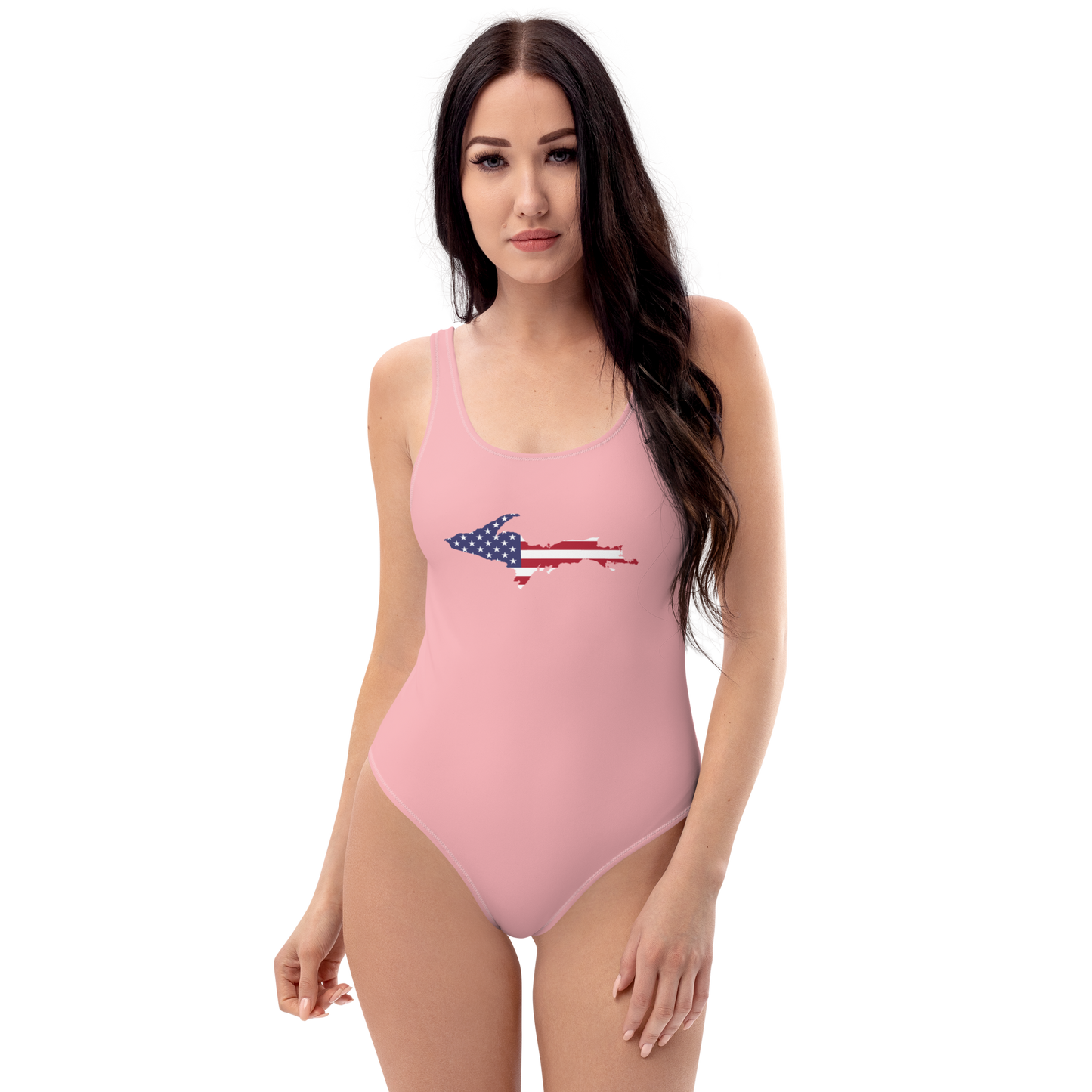 Michigan Upper Peninsula One-Piece Swimsuit (w/ UP USA Flag) | Strawberry Pink