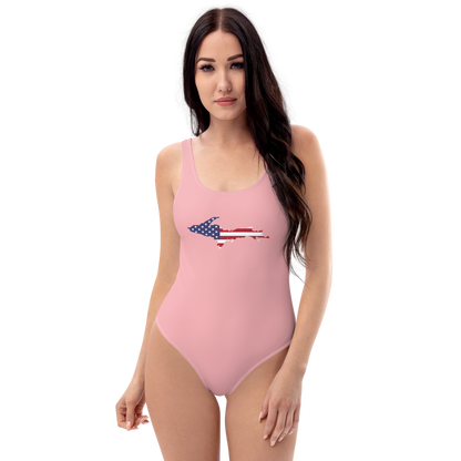 Michigan Upper Peninsula One-Piece Swimsuit (w/ UP USA Flag) | Strawberry Pink