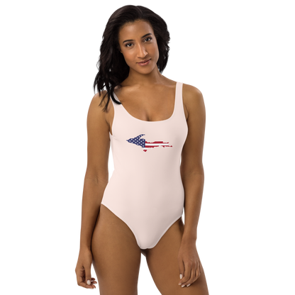 Michigan Upper Peninsula One-Piece Swimsuit (w/ UP USA Flag) | Champagne Pink