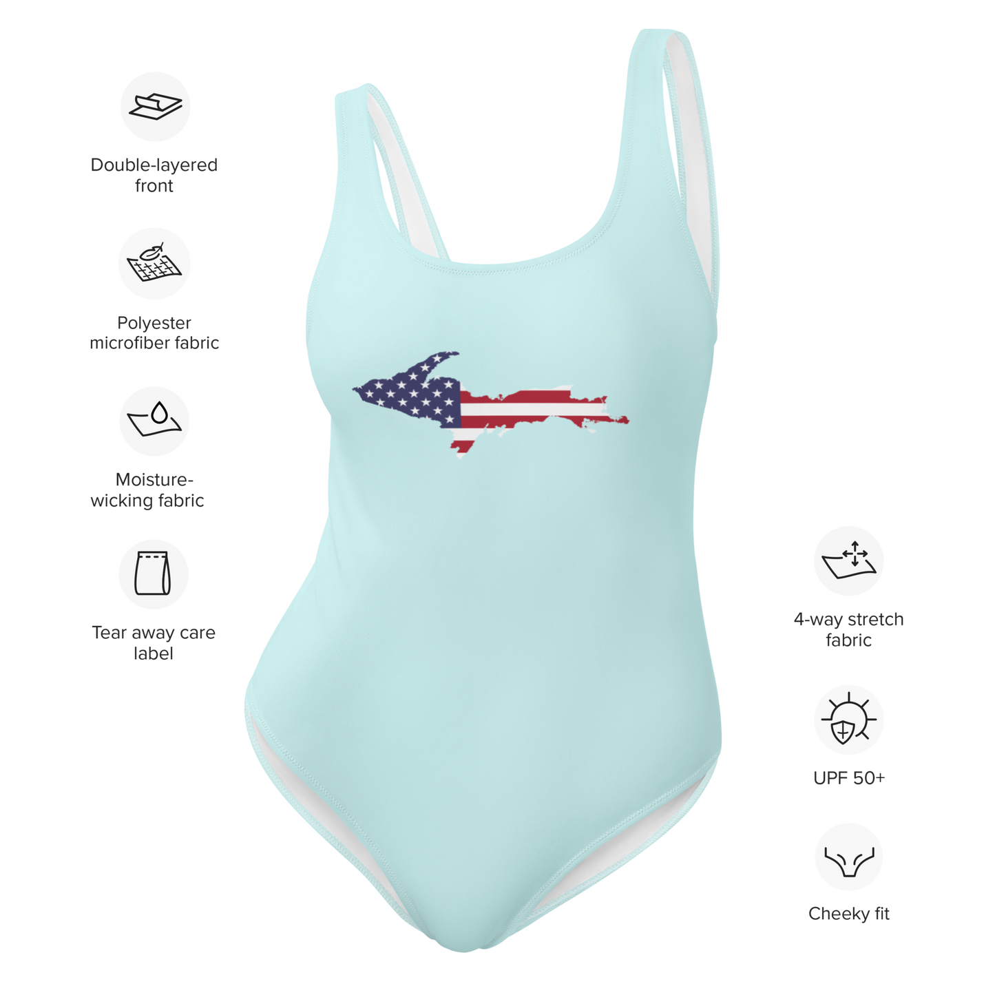 Michigan Upper Peninsula One-Piece Swimsuit (w/ UP USA Flag) | Cyan