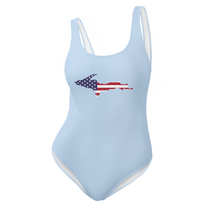 Michigan Upper Peninsula One-Piece Swimsuit (w/ UP USA Flag) | Light Blue