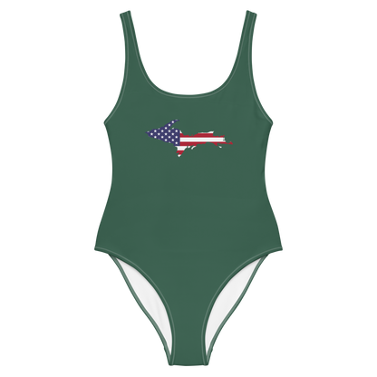 Michigan Upper Peninsula One-Piece Swimsuit (w/ UP USA Flag) | Ginger Ale Green