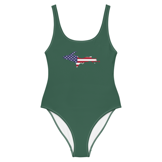 Michigan Upper Peninsula One-Piece Swimsuit (w/ UP USA Flag) | Ginger Ale Green