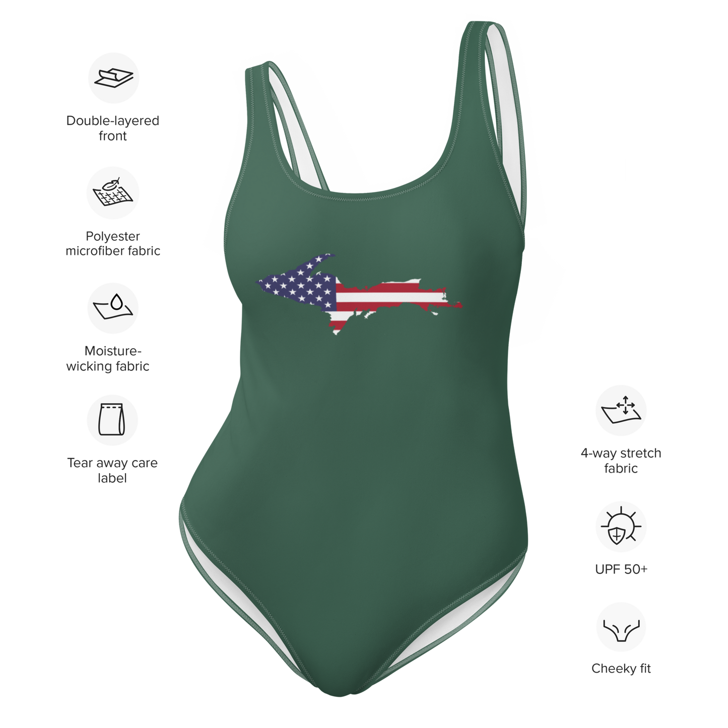 Michigan Upper Peninsula One-Piece Swimsuit (w/ UP USA Flag) | Ginger Ale Green