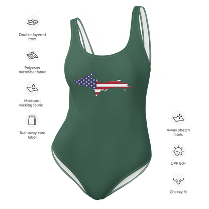 Michigan Upper Peninsula One-Piece Swimsuit (w/ UP USA Flag) | Ginger Ale Green