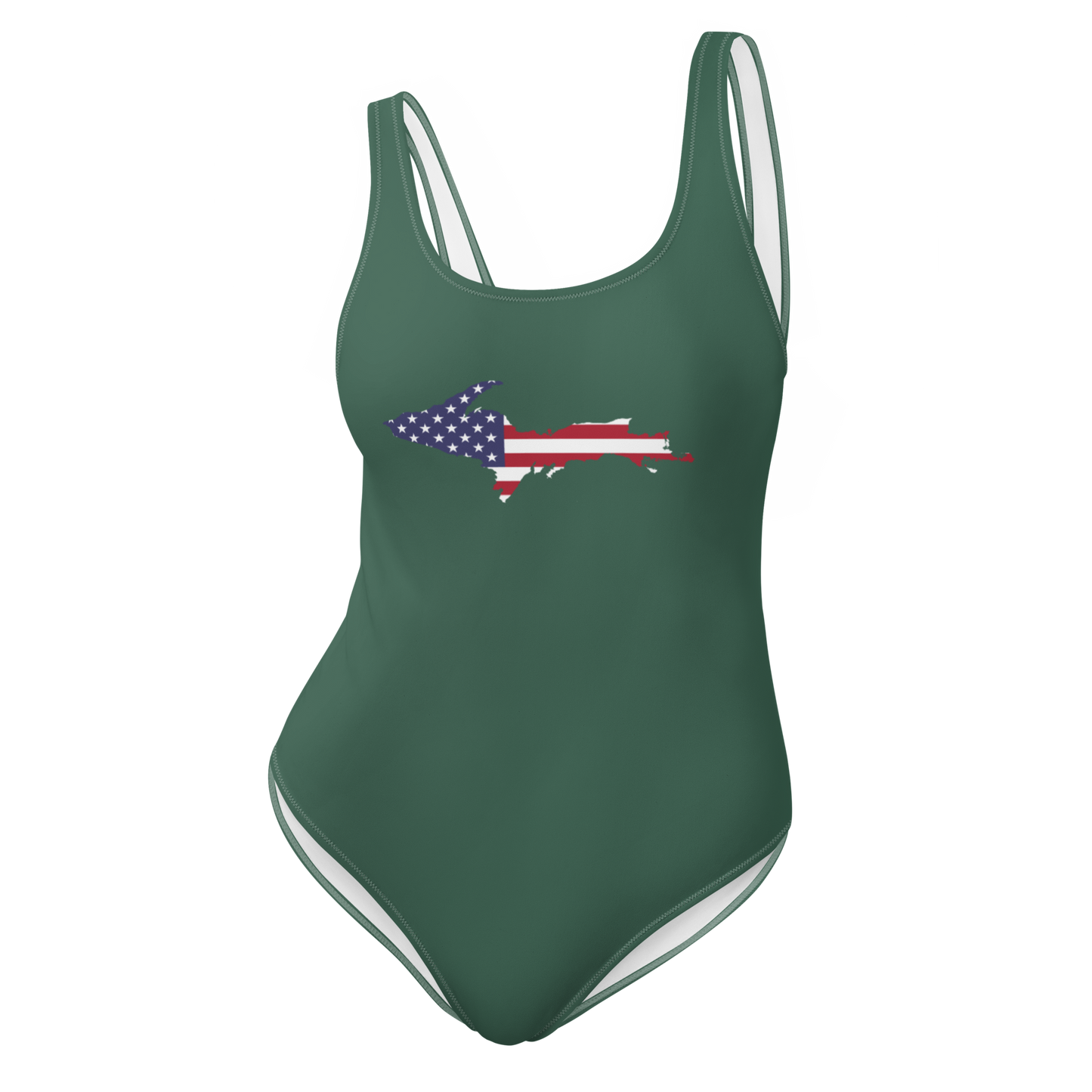 Michigan Upper Peninsula One-Piece Swimsuit (w/ UP USA Flag) | Ginger Ale Green