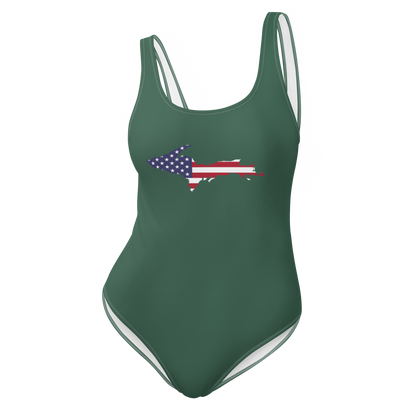 Michigan Upper Peninsula One-Piece Swimsuit (w/ UP USA Flag) | Ginger Ale Green