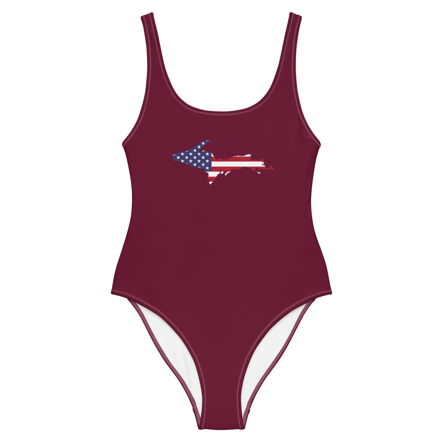 Michigan Upper Peninsula One-Piece Swimsuit (w/ UP USA Flag) | Old Mission Burgundy