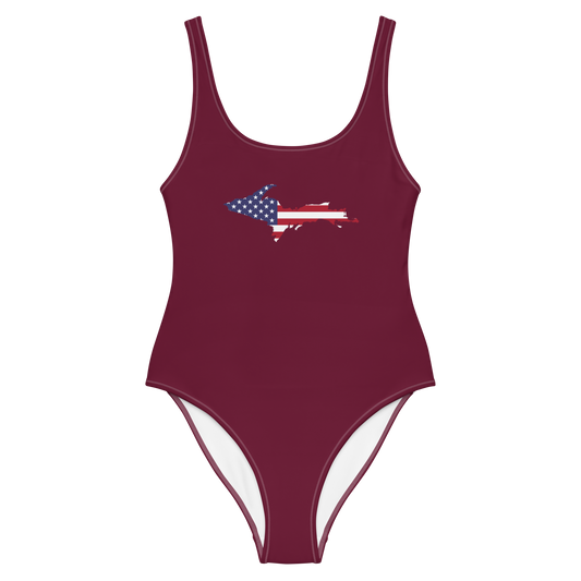 Michigan Upper Peninsula One-Piece Swimsuit (w/ UP USA Flag) | Old Mission Burgundy