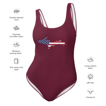 Michigan Upper Peninsula One-Piece Swimsuit (w/ UP USA Flag) | Old Mission Burgundy