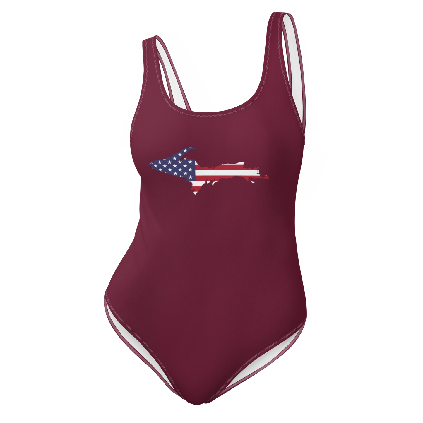 Michigan Upper Peninsula One-Piece Swimsuit (w/ UP USA Flag) | Old Mission Burgundy