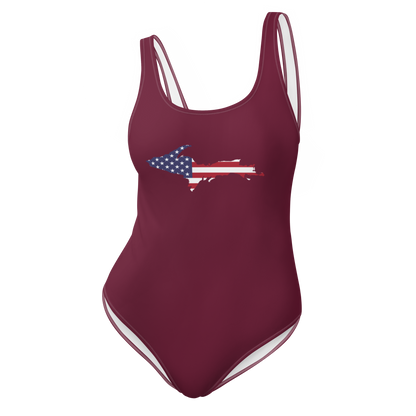 Michigan Upper Peninsula One-Piece Swimsuit (w/ UP USA Flag) | Old Mission Burgundy