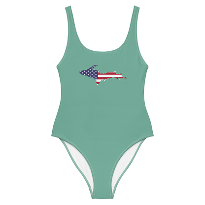 Michigan Upper Peninsula One-Piece Swimsuit (w/ UP USA Flag) | Metallic Mint Green