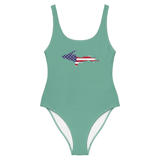 Michigan Upper Peninsula One-Piece Swimsuit (w/ UP USA Flag) | Metallic Mint Green