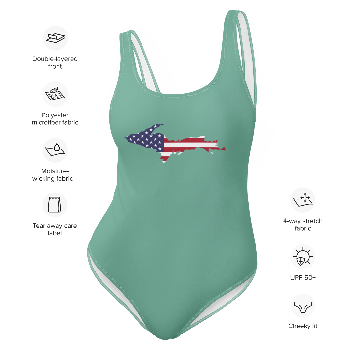 Michigan Upper Peninsula One-Piece Swimsuit (w/ UP USA Flag) | Metallic Mint Green