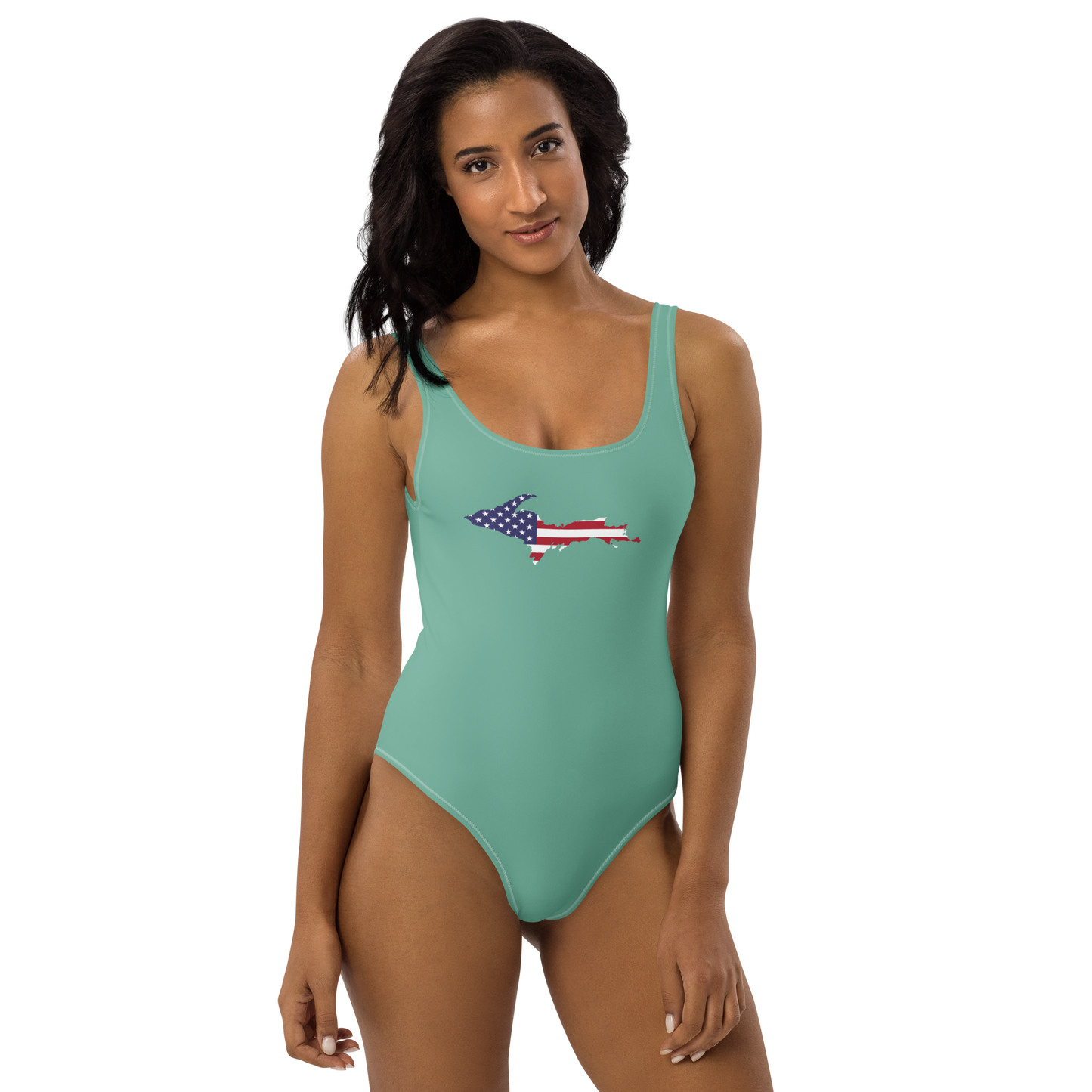 Michigan Upper Peninsula One-Piece Swimsuit (w/ UP USA Flag) | Metallic Mint Green