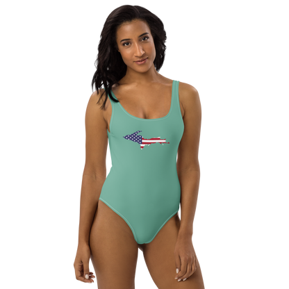 Michigan Upper Peninsula One-Piece Swimsuit (w/ UP USA Flag) | Metallic Mint Green