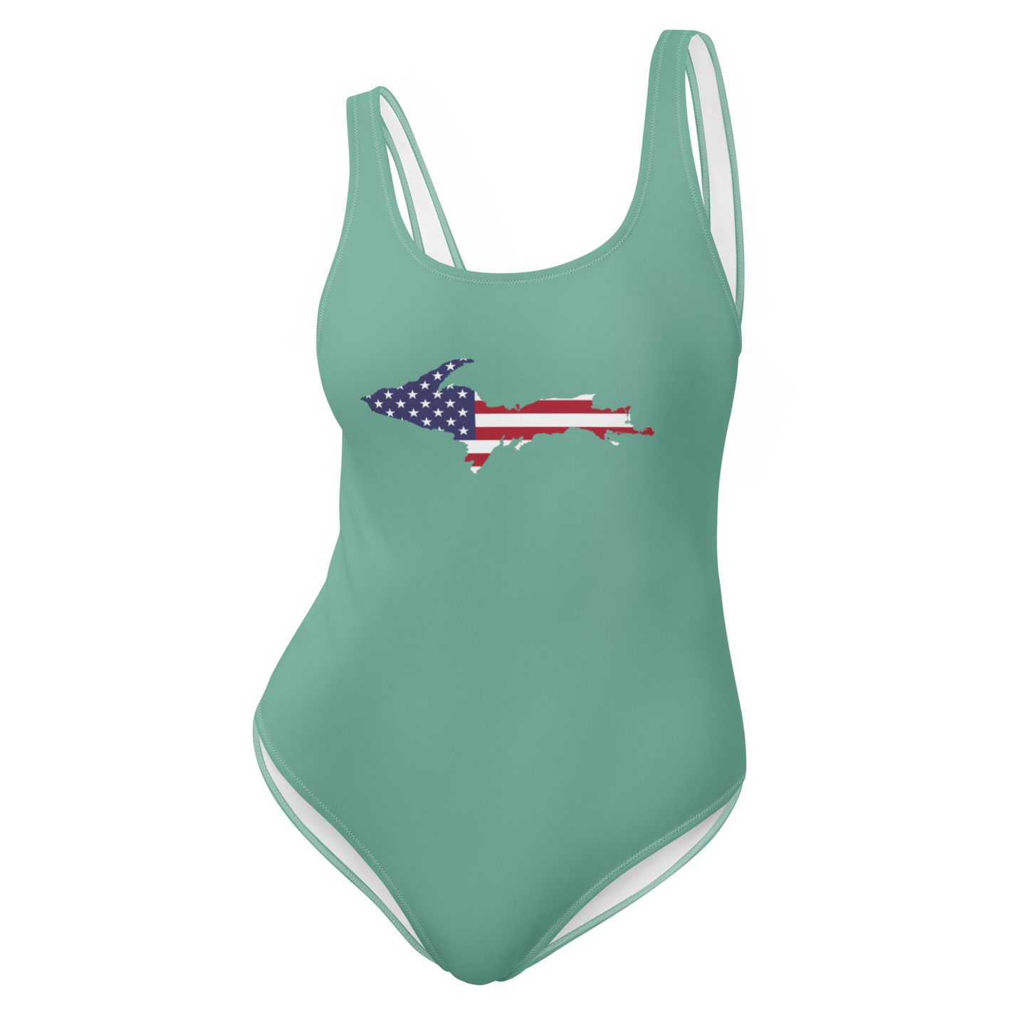 Michigan Upper Peninsula One-Piece Swimsuit (w/ UP USA Flag) | Metallic Mint Green