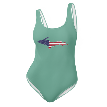 Michigan Upper Peninsula One-Piece Swimsuit (w/ UP USA Flag) | Metallic Mint Green